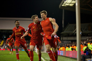 Steven Gerrard celebrates scoring the third goal against Fulham from ...