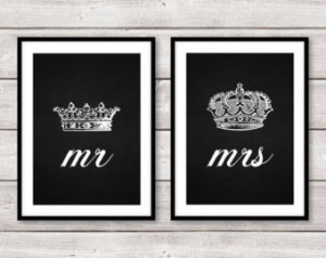 Set of Two 2 Mr and Mrs His Hers Ki ng Queen Crown A4 Prints Wall Art ...