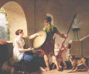 Spartan woman giving the shield to her son, Jean-Jacques-Francois Le ...