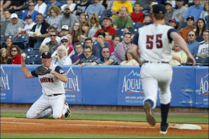 Mud Hens first baseman Mike Hessman throws to pitcher Tim Melville at