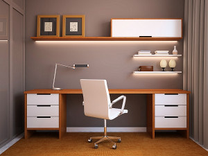 Home office design idea with sleek wooden surfaces and minimalistic ...