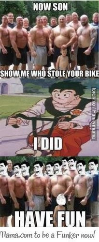 Now son, tell me who stole your bike. - dragon-ball-z Photo