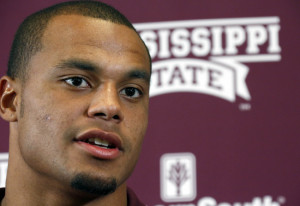 Mississippi State quarterback Dak Prescott responds to a reporter’s ...