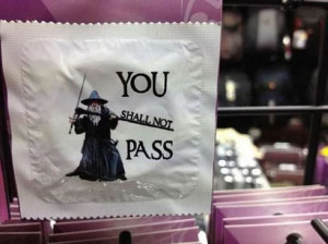Condom packages featuring a picture of Gandalf and the line 'You shall ...