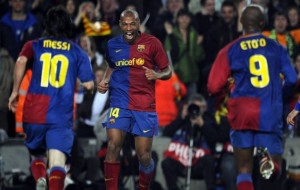 barcelona s samuel eto o r and lionel messi celebrate a goal against