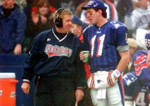 New England Patriots QB Drew Bledsoe talks to head coach Bill Parcells ...