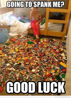 ... - Going to spank me? Good luck! Kid with floor covered with lego