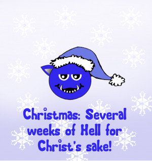 Christmas greeting card with blue Christmas devil and funny quote.