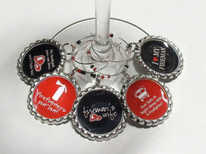 ... Black Firefighter Themed Wine Glass Charms Set of 5, Fireman's Wife