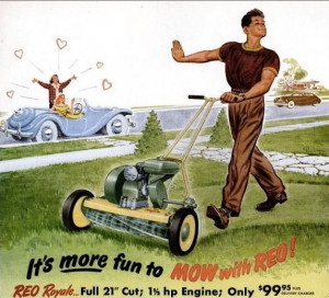 1950: Mowing the lawn is much more fun than hanging out with girls.