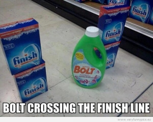 Bolt crossing the finish line