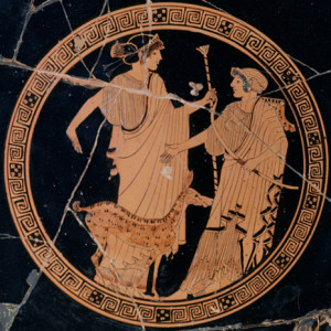 The god Apollo with his sister Artemis. The painting is inside a bowl ...