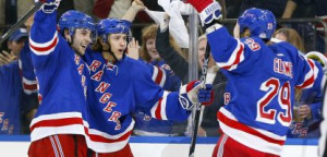 Carl Hagelin of the Rangers celebrates his second...