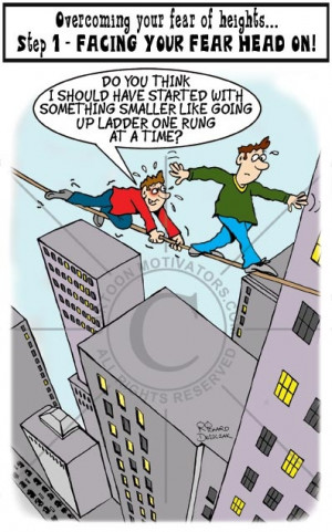 Fear of heights cartoon - guys walking across tight rope from one ...
