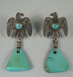 Old Navajo Fred Harvey Thunderbird Turquoise Drop Earrings