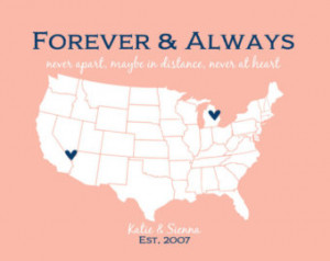 ... Moving Away Gift BFF Quotes Forever and Always Never Apart State Map