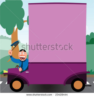Cartoon postman or delivery driver with van in a countryside setting ...