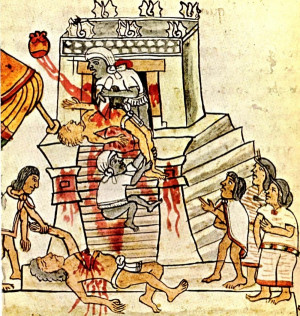 An illustration of an Aztec ritual sacrifice. From the Codex ...