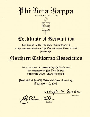 Large PBK Award Certificate text honors the Northern California ...
