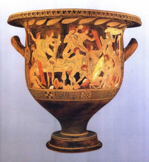This is a vase painting of Odysseus, Telemachus, and Eumaeusfighting ...