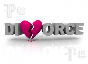 Illustration of The word divorce with a pink broken heart for the V