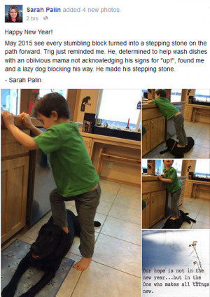 ... mother Sarah Palin gushes as son steps on their dog to do the dishes