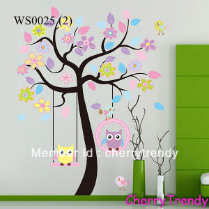Colorful-Owl-Swing-Tree-Birds-Flowers-Nursery-Wall-Decor-Decals-Baby ...