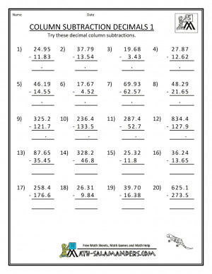 5th grade math practice column subtraction decimals 1