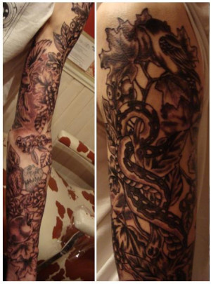 Black Amp Grey Half Sleeve Tattoo With Lion And Lotus Flower Picture ...