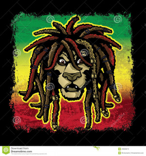 Rastafarian lion cartoon with dreadlocks and reggae colors.