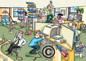 Cartoon showing office hazards