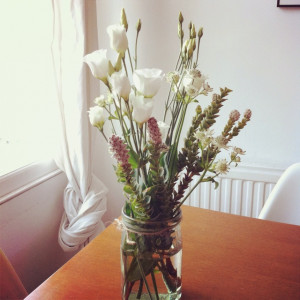 Spring flowers, French milk jug, twine