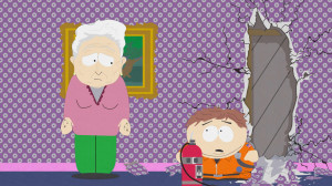 Cartman warns an old woman about the hippie infestation in her house.