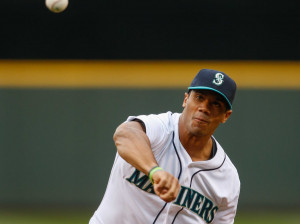 Russell Wilson throws out a first pitch at a Mariners game