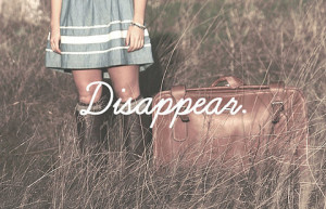 disappear, dress, girl, grass, suitcase, text
