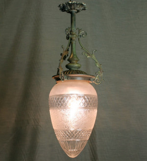 Large Edwardian bulb-shaped cut and etched glass lantern shade and ...