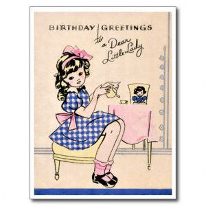 Sweet Little Girl Tea Party - Retro Happy Birthday Postcard