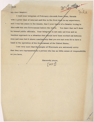 Telegram from Senator Joseph McCarthy to President Harry S. Truman