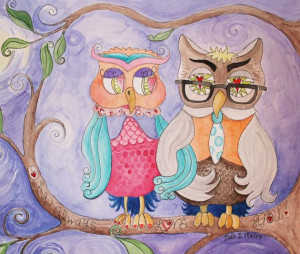 Original Watercolor Painting of Whimsical Owl Couple by HeartHomes