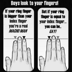 ... your ring finger is equal to your index finger...you can be...GAY