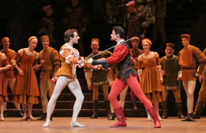 Romeo and Tybalt fighting each other fiercely.