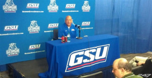 Georgia State football coach Trent Miles met with the assembled media ...