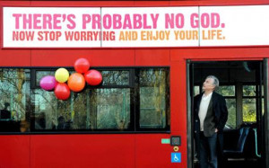 Professor Richard Dawkins on a bus displaying an atheist message in ...