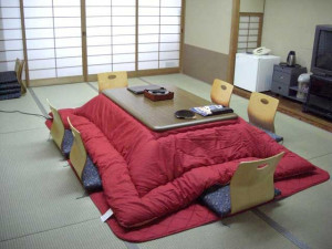 Kotatsu- traditional style table for the family. There is a heater ...