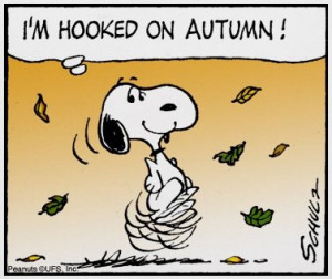 Hooked on Autumn! Snoopy with falling fall leaves, doing his happy ...