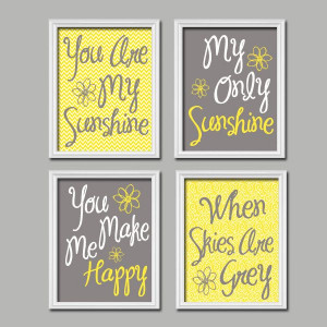 Cute Yellow Grey You Are My Sunshine Quote Nursery Song Print Artwork ...