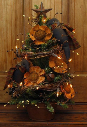 HANDMADE PRIMITIVE SUNFLOWERS CROWS SUMMER FALL LIGHTED GRAPEVINE TREE ...