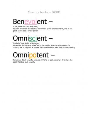 Memory hooks - GCSE (Omniscient, omnipotent, benevolent)