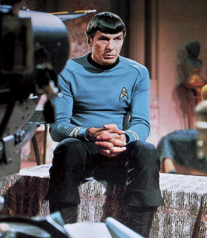 candid shot of Leonard Nimoy between takes on the set of Star Trek.