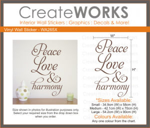 Details about Wall quote art sticker - Peace Love & Harmony - WA265X